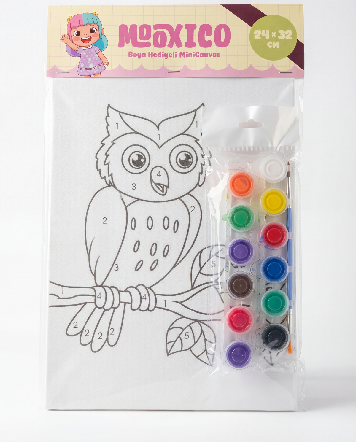 Mooxico MiniCanvas Boyama Seti – Baykuş (24×32 cm, Numaralı Boyama + 12’li Boya)