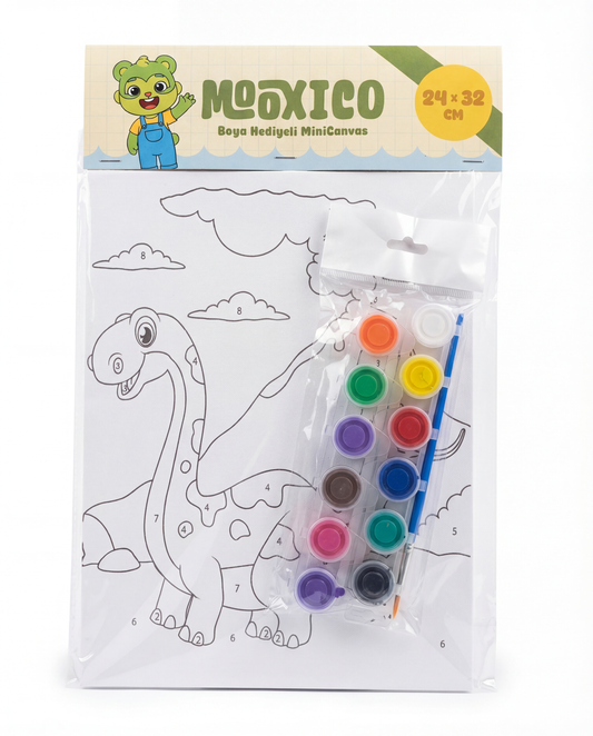 Mooxico MiniCanvas Boyama Seti – Dinozor (24×32 cm, Numaralı Boyama + 12’li Boya)