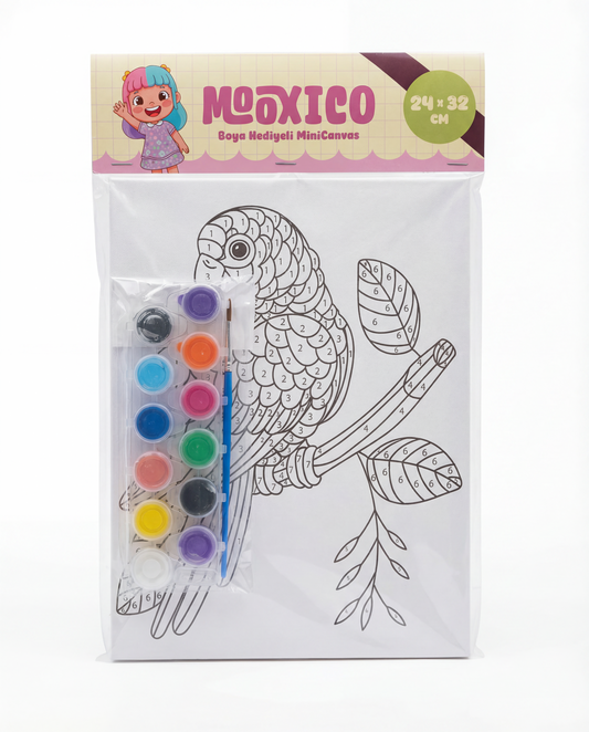Mooxico MiniCanvas Boyama Seti – Papağan (24×32 cm, Numaralı Boyama + 12’li Boya)