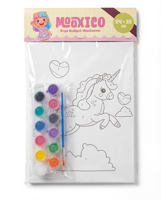 Mooxico MiniCanvas Boyama Seti – Unicorn (24×32 cm, Numaralı Boyama + 12’li Boya)